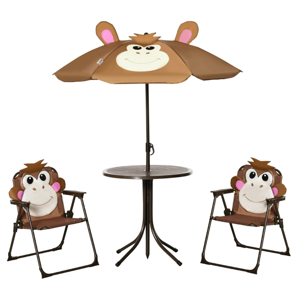 Kids Outdoor Lawn Chair - Niedliches Affen-Kinder-Terrassen-Tisch-und-Stuhl-Set mit abnehmbarem Cartoon-Sonnenschirm, faltbare