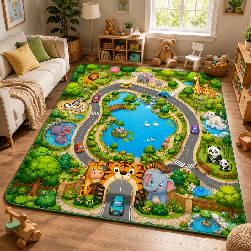 Kids Outdoor Zoo - VIKAMA Kinder-Spielteppich mit Bauernhof- und Zoo-Motiv,